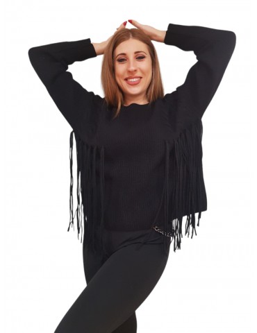 Gaudi maglione girocollo nero in misto lana con frange