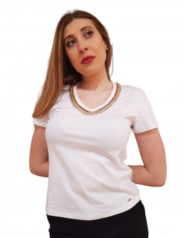 Gaudi t shirt in jersey bianca scollo a v con applicazioni 311fd64007_2100